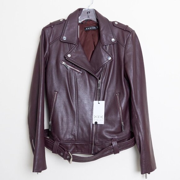 DANIER Juliette Genuine Leather Moto Jacket in Bordeaux - Picture 3 of 15